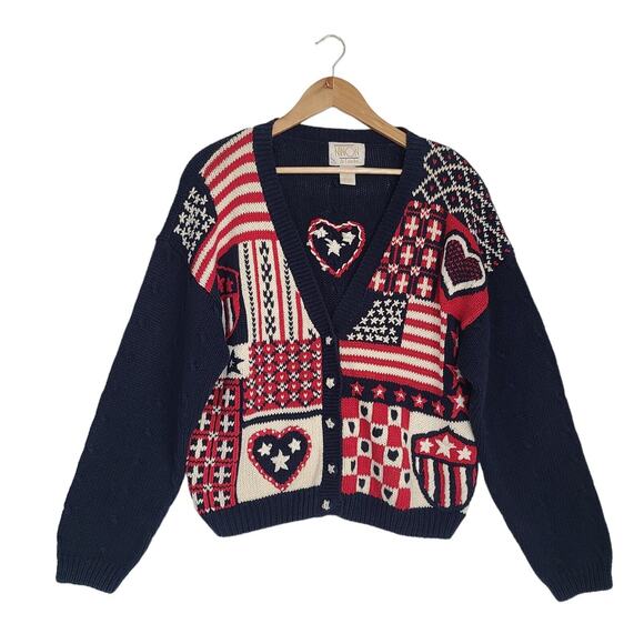 VTG Ninon de Lenclos Cardigan Sweater sz L Red White Blue Flag Hearts Patriotic - Picture 1 of 12
